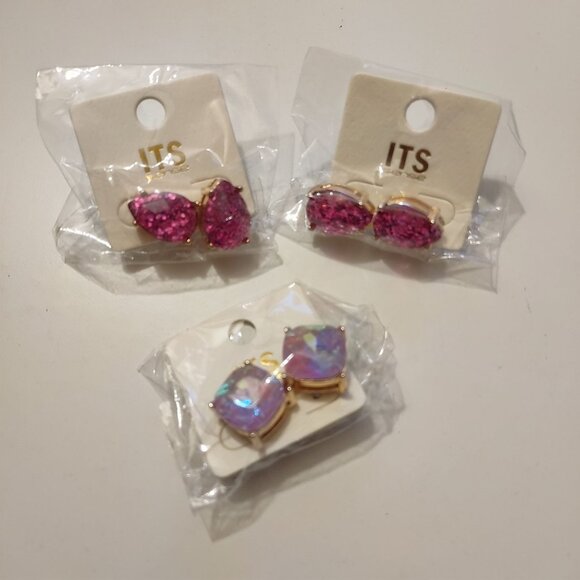 ITS Gold Clip-On Earrings With Pink & Iridescent Stones-SET OF 3-NEW - Picture 1 of 2